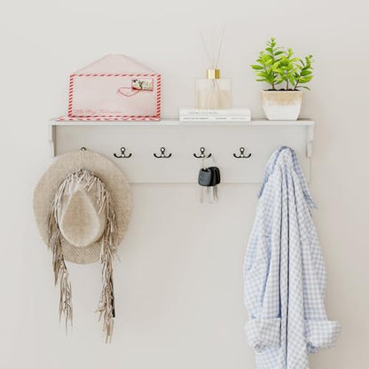 GIANTEX Coat Rack Wall Mount, 31.5" Wooden Coat Hooks with Shelf, White | Wall Clothes Rack w/ 6 Dual Hooks for Hats Towels Purses Robes, Floating Display Shelf for Living Room Bedroom Entryway - color: White