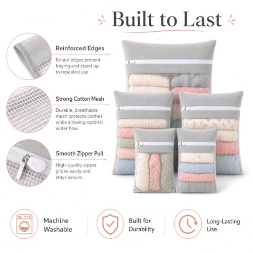 Gray 5-piece set in bags, durable cotton mesh laundry bags, sturdy zipper, breathable mesh, delicate laundry bags, suitable for underwear, clothes, pants, and socks - color: Gray