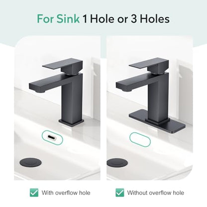 Faustina Matte Black Bathroom Faucet, Single Handle Stainless Steel Bathroom Vanity Faucet with Metal Pop-Up Drain and Deck Plate for 1 or 3 Hole - color: Black, style: Classic