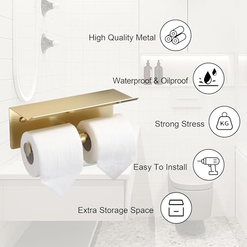 Brushed Gold Toilet Paper Roll Holder with Shelf Wall Mounted for Bathroom (Brushed Gold, Double Head) - color: Brushed Gold