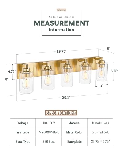 5-Light Brushed Gold Bathroom Vanity Light, Clear Cylinder Glass | 30" modern bathroom light fixtures over mirror, E26 base, bulbs not included, VL143-BG-5 - color: Brushed Gold, Cylinder Glass Shade, size: 5-light
