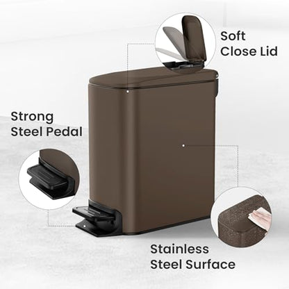 Cesun Small Bathroom Trash Can with Lid, 1.6 Gal, Soft Close, Brown | Step pedal soft close, Slim 5.9in fits narrow spaces, Stainless steel, Anti-fingerprint, Removable inner bucket, Odor seal - color: Brown