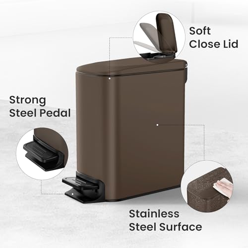 Cesun Small Bathroom Trash Can with Lid, 1.6 Gal, Soft Close, Brown | Step pedal soft close, Slim 5.9in fits narrow spaces, Stainless steel, Anti-fingerprint, Removable inner bucket, Odor seal - color: Brown
