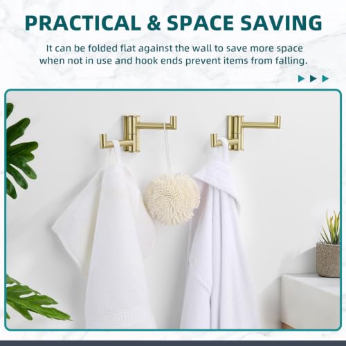 Suyar Brushed Gold Double Towel Hook, Swivel Coat Robe Holder for Bathroom | SUS304 Stainless Steel Wall Hook, Shower Bath Towel Hanger, Space-Saving Design, Wall Mounted, 2 Pack - color: Brushed Gold, size: 2 Pack
