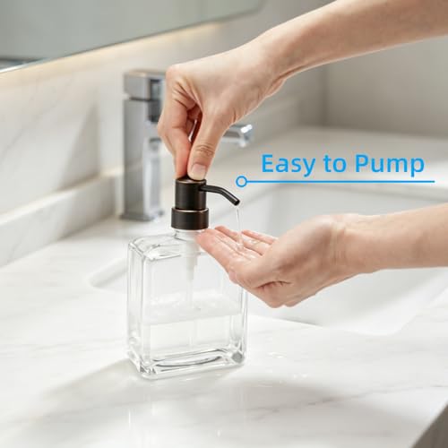 Square Clear Glass Dish Soap Dispenser Oil Rubbed Bronze Pump, Antique Refillable 13.5 oz Hand Soap Lotion Dispenser with Rust Proof Stainless Steel Pump for Bathroom Kitchen - color: Oil Rubbed Bronze, size: 13.5oz-Square