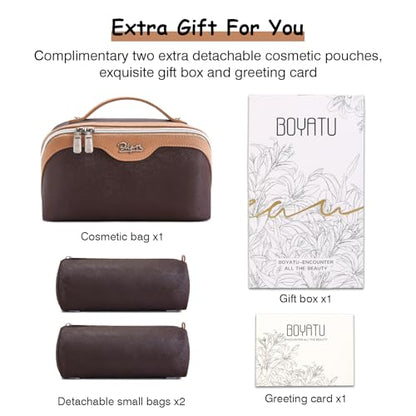 BOYATU Travel Makeup Bag Organizer Cosmetic Bag: 3 Pcs Set Make up Bags for Women with Handle - Waterproof Vegan Leather Toiletry Bags Travel Essentials Pouch with Compartments (A-03-Brown) - color: 02-D-Brown