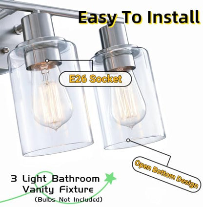 WISBEAM Brushed Nickel Bathroom Vanity Light, 3 Light Bathroom Light Fixtures Over Mirro with Clear Glass Shade Including E26 Medium Base, Bulb NOT Included - color: Silver, size: VNT004