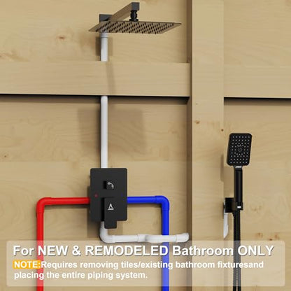 Rain Shower System 10IN Modern Brass Faucet Set With Valve and Diverter Shower Mixer With Handheld High Pressure Square Rainfall Shower Valve (10'' Wall Mount, Matte Black) - color: Matte Black, style: 10'' Wall Mount