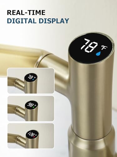 Rotatable Bathroom Faucet with Temperature Display in Fahrenheit (Batteries-Free), 3 Water Outlet Modes, Brushed Gold - color: Gold