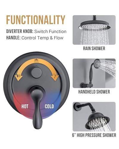 Dasan Antique Dual Rainfall Shower System, Matte Black, Complete Shower Fixture Combo, 9'' & 6'' Dual Rainfall Overhead Shower with Handheld, Valve & Trim Kit, AT3096C-MB - color: Matte Black