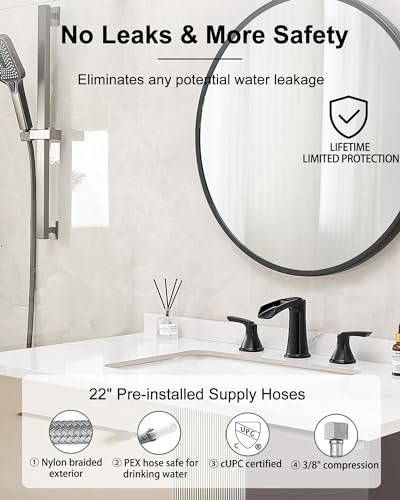 Black Widespread Bathroom Faucet, Brass Waterfall Bathroom Sink Faucet 3 Hole, 2 Handle Bathroom Faucets 8 Inch Faucet for Bathroom Sink Vanity Lavatory Farmhouse RV with Pop-up Drain & Hose - color: Matte Black