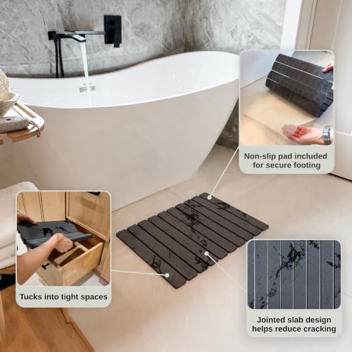 Foldable Stone Bath Mat, Diatomaceous Earth Quick Dry Non-Slip Design | Bathroom Floor & Shower Use, Jointed Panel Construction, High Absorption Surface, Space-Saving Storage, Grip Pad Included - color: Dark Gray