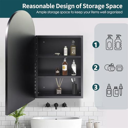 Movo Arched Black Medicine Cabinet with Mirror 16 x30 Inch | Metal Framed Bathroom Mirror Medicine Cabinet Wall Mounted,Recessed Medicine Cabinets for Bathroom with 2 Removable Shelves - size: 4.72"D x 16"W x 30"H