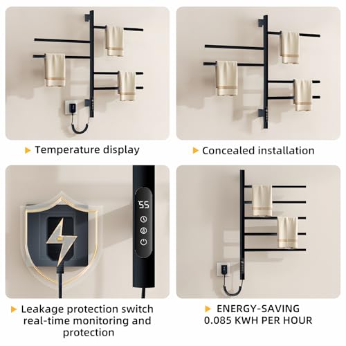 180°Rotation Electric Heated Towel Rack Wall Mounted Towel Warmer Racks 5 Bars Hardwired & Plug-in Hot Towel Rack with 1H-9H Timer for Home Bathroom Salons and Spas (Black) - color: Black, size: G63