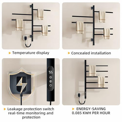 180°Rotation Electric Heated Towel Rack Wall Mounted Towel Warmer Racks 5 Bars Hardwired & Plug-in Hot Towel Rack with 1H-9H Timer for Home Bathroom Salons and Spas (Black) - color: Black, size: G63