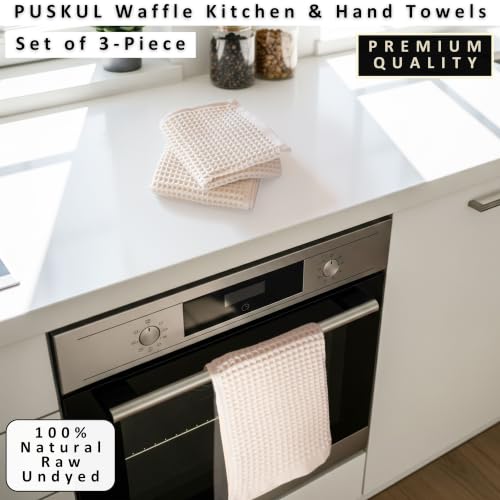 PÜSKÜL Natural 100% Turkish Cotton Waffle Hand and Kitchen Towels Set of 3 | Raw-Undyed, Large 32x16 inc, Honeycomb-Waffle weave towel for bathroom & kitchen. Premium quality oeko-tex made in Turkey. - color: Natural Raw-undyed, size: Kitchen & Hand Towel
