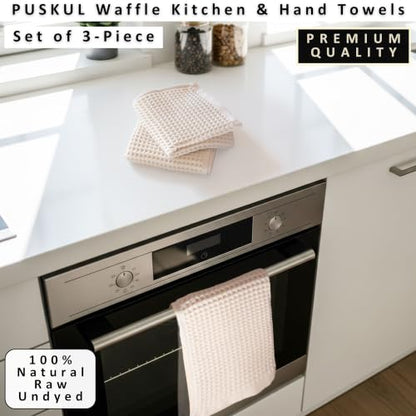 PÜSKÜL Natural 100% Turkish Cotton Waffle Hand and Kitchen Towels Set of 3 | Raw-Undyed, Large 32x16 inc, Honeycomb-Waffle weave towel for bathroom & kitchen. Premium quality oeko-tex made in Turkey. - color: Natural Raw-undyed, size: Kitchen & Hand Towel