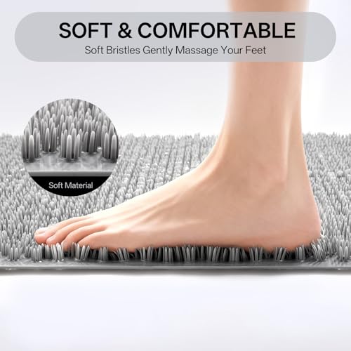 Shower Foot Scrubber Mat, Non Slip Shower Feet Mat Grey 16"x27" | Silicone Exfoliating With Suction Cups And Drain Holes, Quick Drying Soft Bathtub Mat, Machine Washable Drainage Bathroom Mat - color: Grey