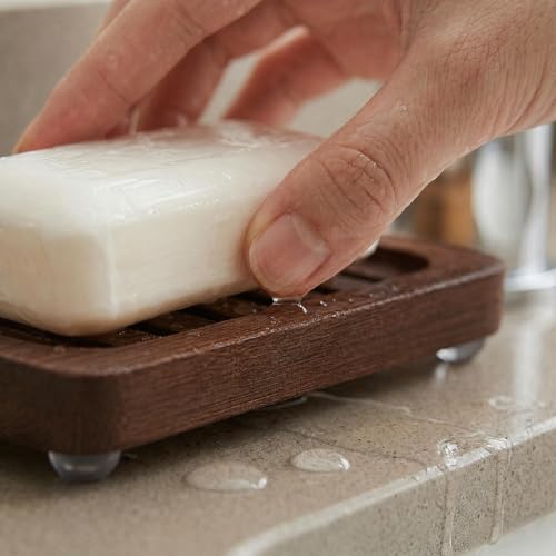 Wooden Soap Dish, Brown Bamboo Self-Draining Bathroom Tray, 2 Pack Slotted Design for Shower, Sink, Kitchen, Bathtub (Black Walnut) - color: Black Walnut