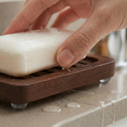Wooden Soap Dish, Brown Bamboo Self-Draining Bathroom Tray, 2 Pack Slotted Design for Shower, Sink, Kitchen, Bathtub (Black Walnut) - color: Black Walnut