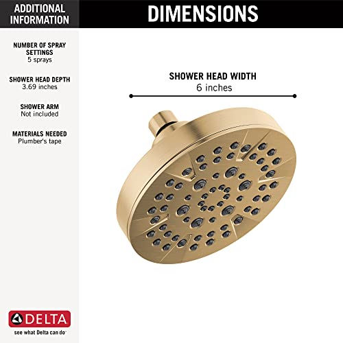 Delta 5-Setting Champagne Bronze Shower Head with High Pressure Spray, 6 Inch Round Shower Head, Showerheads, 1.75 GPM Flow Rate, Champagne Bronze 52535-CZ - color: Champagne Bronze