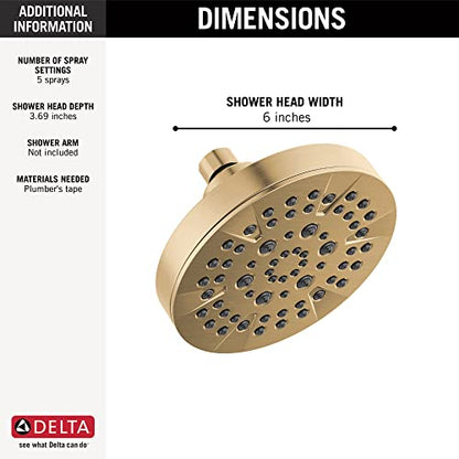 Delta 5-Setting Champagne Bronze Shower Head with High Pressure Spray, 6 Inch Round Shower Head, Showerheads, 1.75 GPM Flow Rate, Champagne Bronze 52535-CZ - color: Champagne Bronze