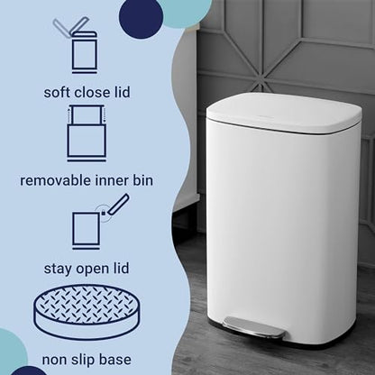happimess Connor 2-Piece Stainless Steel Trash Can, Cotton White | 13.2 and 1.3 Gallons, Rectangular, Soft-Close Lid, Fingerprint Resistant, Step Pedal, 20 Liners, 26" and 12" Height - color: White