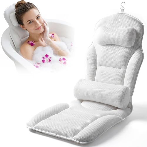 Full Body Bath Pillow for Bathtub, Adjustable Bathtub Pillows, White | Head & Neck Support, Extra Long Thick Bathtub Cushion with 192 Non-Slip Power Suction Cups, Spa Bathing Present (52" x 17")