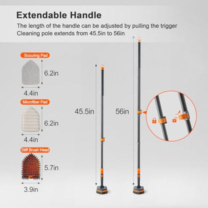 CLEANHOME Tile Tub Scrubber Brush for Cleaning Toilet Wall,Bathtub,Sink | 3 Different Function Cleaning Heads, 56" Extendable Long Handle, Bathroom No Scratch Shower Scrubber - color: Gray