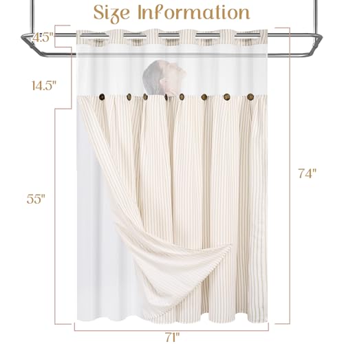 ASPMIZ Farmhouse Striped Shower Curtain and Liner Set No Hook, Beige 71x74 | No Hook Shower Curtain with Snap in Liner Fabric, Rustic Washable Waterproof Bathroom Curtains with Button, Mesh Top Window - color: Beige Striped, size: 71"W x 74"L (Pack of 1),