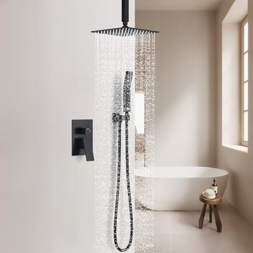 SunCleanse Rainfall Shower Faucet Set with High Pressure in Matte Black | Ceiling mounted shower combo set featuring a 10" rainfall shower head, handheld spray, and rough-in shower valve. - color: Matte Black, style: 10-ceiling