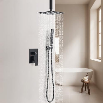 SunCleanse Rainfall Shower Faucet Set with High Pressure in Matte Black | Ceiling mounted shower combo set featuring a 10" rainfall shower head, handheld spray, and rough-in shower valve. - color: Matte Black, style: 10-ceiling
