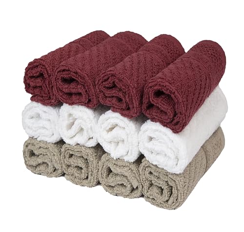 PH Pleasant Home Diagonal Wash Cloths Set - 12 Pack (12” x 12”) – 509 GSM - 100% Ring Spun Cotton Wash Cloth - Super Soft and Highly Absorbent Face Towels (Maroon, White & Tan) - color: Maroon, White & Tan, style: Diagonal