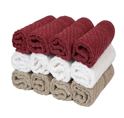 PH Pleasant Home Diagonal Wash Cloths Set - 12 Pack (12” x 12”) – 509 GSM - 100% Ring Spun Cotton Wash Cloth - Super Soft and Highly Absorbent Face Towels (Maroon, White & Tan) - color: Maroon, White & Tan, style: Diagonal