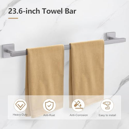 TQKAG 5-Pieces Brushed Nickel Bathroom Hardware Accessories Set 23.6" SUS304 Stainless Steel Towel Bar Set Wall Mounted Square Toilet Paper Holder with Shelf - color: Brushed Nickel, size: 5-Pieces Set-B