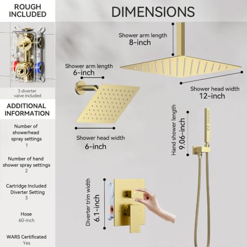 STARBATH Shower Faucet Set Shower System with Diverter Valve, Brushed Gold | 12 Inch Ceiling Mount Rain Shower Head, 6 Inch Wall Mount Rainfall Shower Head and 2-in-1 Handheld Spray for Two Person - color: Gold, size: 12"+6"-03