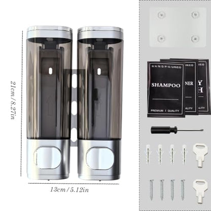 2-Chamber 10oz/300ML Silver Plastic Hand Wall Mounted Soap Dispensers | Refillable Shampoo Conditioner Shower Dispenser No Drill, Clear Manual Pump Dispenser for Bathroom Hotel Kitchen - color: 2-chamber Silver