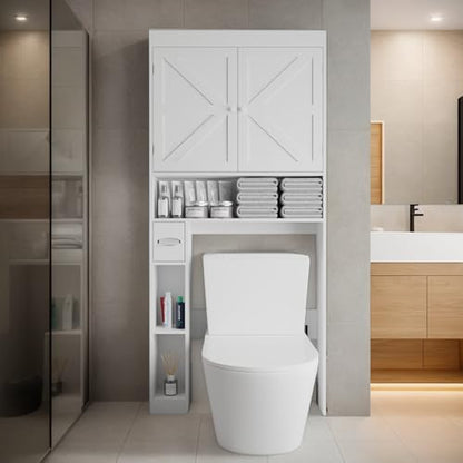 Gecheer Over-The-Toilet Storage Cabinet, 2 Door Bathroom Shelf with Open Display, Farmhouse Style MDF and Particle Board Organizer for Small Bathrooms, Laundry Rooms