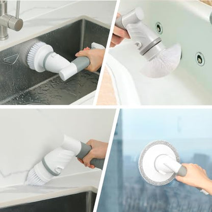 LANMU Electric Scrubber Sponge Wand Compatible with Scrub Daddy/Mommy Sponges, Cordless Power Spin Brush with Comfortable Handle, 5 Replaceable Heads for Cleaning Oven, Stove, Sink, Shower, Bathtub
