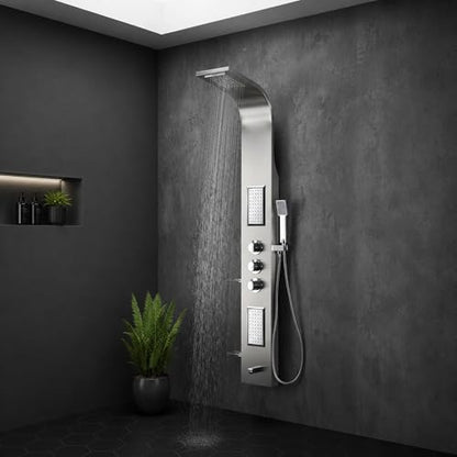 ANZZI Shower Panel Tower, Field 58 Inch Long Turbo High Pressure Shower | Handheld Sprayer Type Free Reign Euro Grip With 60 Reach, Includes One 1 Mesa Full Body One 1 Heavy Rain Head