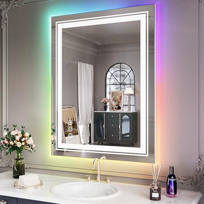 Snowdool 28 x 36 in RGB LED Bathroom Mirror, Front and Backlit, Anti-Fog | 8 RGB Backlight Modes, 3 Front Light Colors, Anti-Fog, Tempered Glass - size: 28"L x 36"W