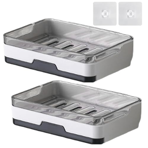 2 pcs Self Adhesive Soap Dish with Drawer-Type Drip Tray and 2 No-Trace Adhesive Pad, Wall Mounted Soap Holder Shower Sink Bar Soap Sponge Holder Tray Rack(White)
