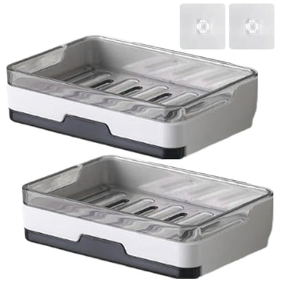 2 pcs Self Adhesive Soap Dish with Drawer-Type Drip Tray and 2 No-Trace Adhesive Pad, Wall Mounted Soap Holder Shower Sink Bar Soap Sponge Holder Tray Rack(White)