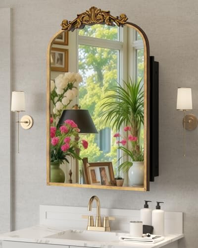 20"x30" Vintage Bathroom Medicine Cabinet with Mirror, Retro Hand-Painted Flower Art Decor, Arched Aluminum Frame Medicine Cabinets Recessed / Wall Mounted, 2 Stable & Removable Shelves, 1 Organizer - color: 20"x30"