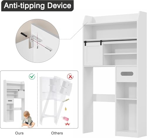 VECELO Over The Toilet Storage Cabinet with Sliding Doors, 63.8" Toilet Organizer with Adjustable Shelves, Paper Holder and Racks, for Bathroom Laundry, White - size: 34.3‘’*9‘’*63.8‘’（L*W*H）