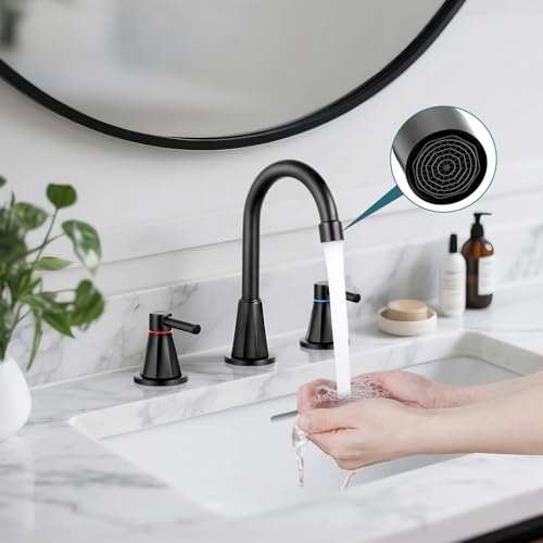 8 Inch Bathroom Faucet 3 Hole Black 2 Handle Bathroom Sink Faucet | Stainless Steel, 360° Swivel Spout, Widespread 2 Handle, Includes Pop-Up Drain,Water Supply Lines, Matte Black - color: Matte Black