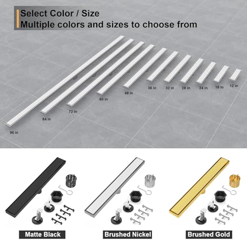 Linear Shower Drain - 18 Inch Brushed Nickel, with Tile Insert Panels | AISI 304 Stainless Steel Shower Drain with Adjustable Feet, Hair Catcher, Rectangle Shower Floor Drain Fits Bathroom, Balcony - color: Brushed Nickel, size: 18 Inch