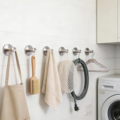 Bath Towel Hooks, 6 Pack Self Adhesive Coat Hooks, Sturdy No Drilling Robe Hook, SUS 304 Stainless Steel Heavy Duty, Wall Hooks for Bathroom Bedroom Kitchen (2 in, Brushed) - color: Brushed-6