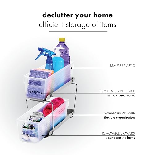 madesmart Compact Two Tier Organizer, Frost | pull out bins, adjustable dividers, tiered access, cleaning supplies, under sink use, pantry bottles, woman owned