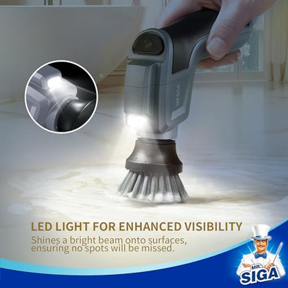 MR.SIGA Electric Spin Scrubber for Kitchen and Bathroom Cleaning | Waterproof rechargeable cordless spin scrubber with 5 replaceable cleaning brushes and scouring pads